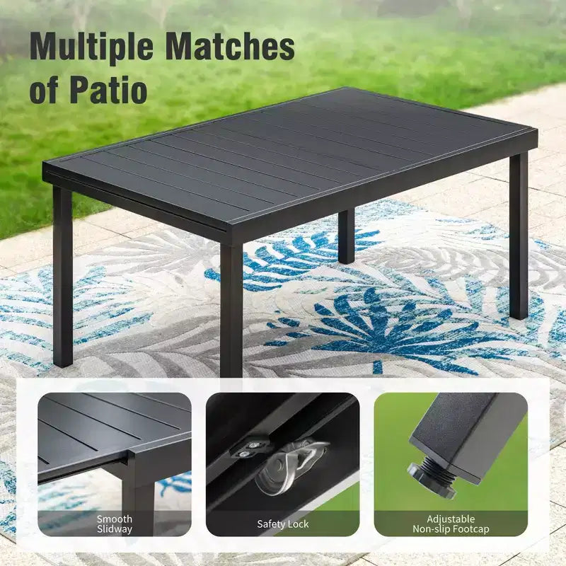 Captiva Designs 9pc Patio Dining Black Steel Rectangle Table & Brown Textilene Fixed Chairs