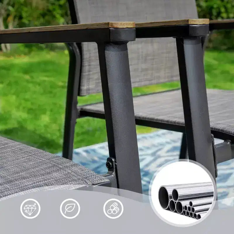 Captiva Designs 7pc Patio Slat-top Adjustable Rectangular Table & Gray Textilene Aluminum Chairs
