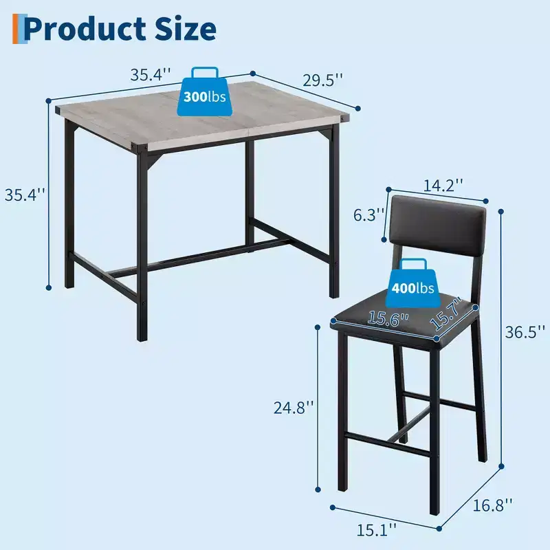 Dining Table Set for 4, 5-Piece Kitchen Table Set, Footrest, Corner Protector, Counter Height Table, 2 Upholstered Bar Stools, for Kitchen
