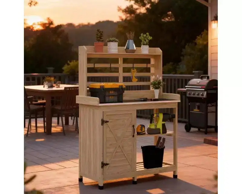Whisen Patio Wooden Potting Bench, Outdoor Garden Work Station Table with Storage Cabinet, Open Shelf and Removable Sink