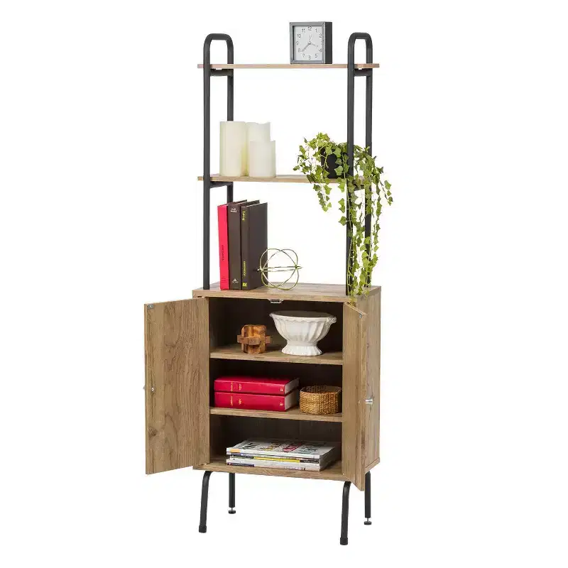 IRIS Storage Cabinet with Doors and Shelves: MDF Composite & Metal, 3 Open Shelves, Decorative Wall Shelf Set, Black/Brown