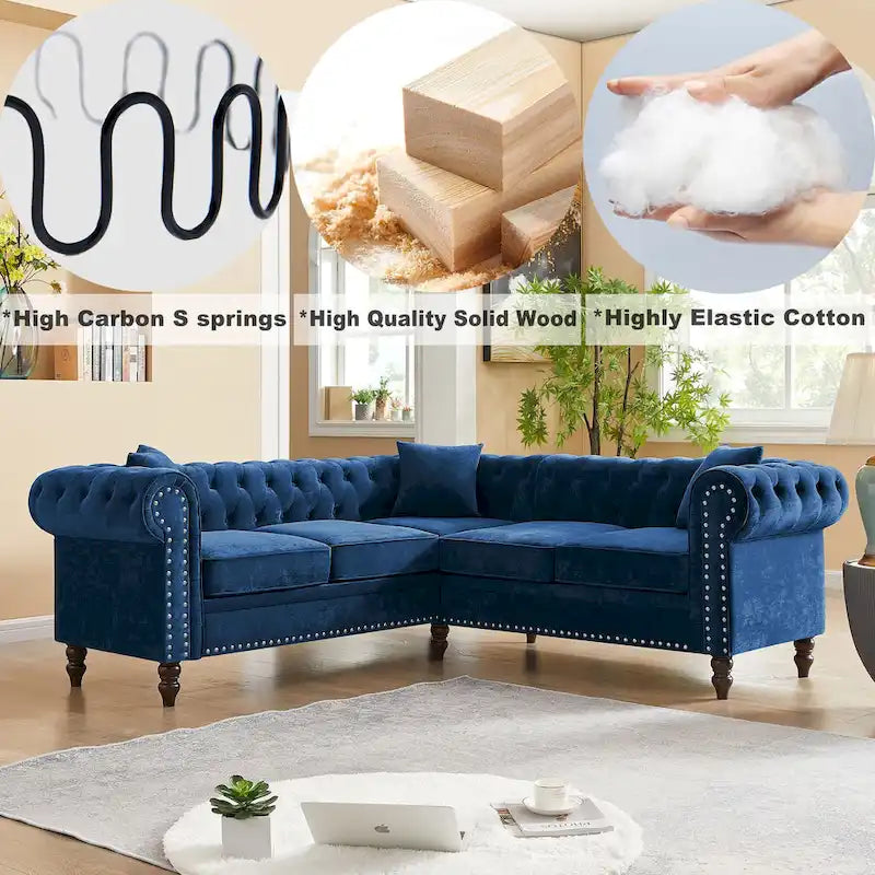 L-shaped sofa with deep-stitched details and curled armrests.