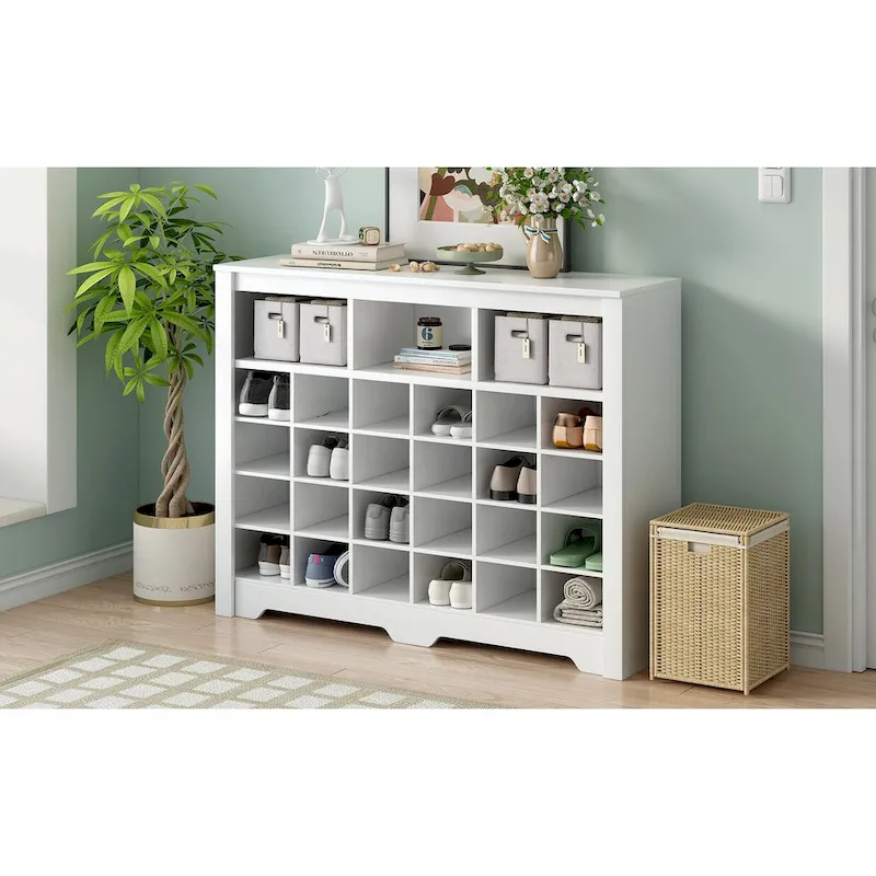 24-Cubby Shoe Cabinet with Curved Base, Versatile Sideboard