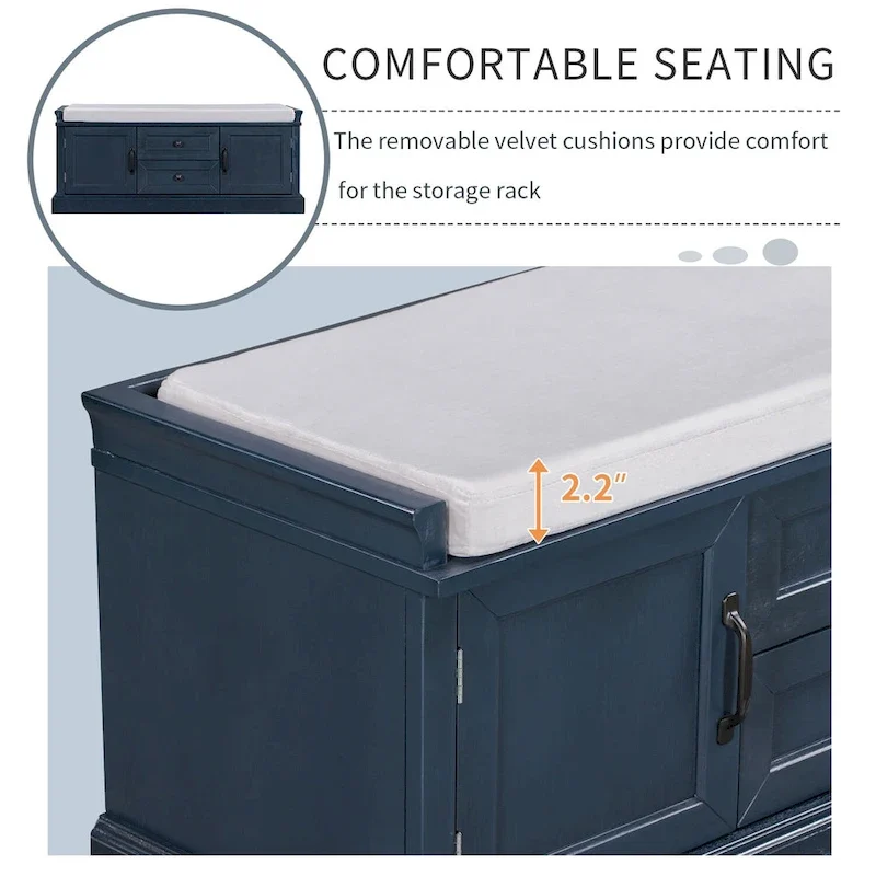 Storage Shoes Bench with 2 Drawers, 2 Cabinets and Removable Cushion