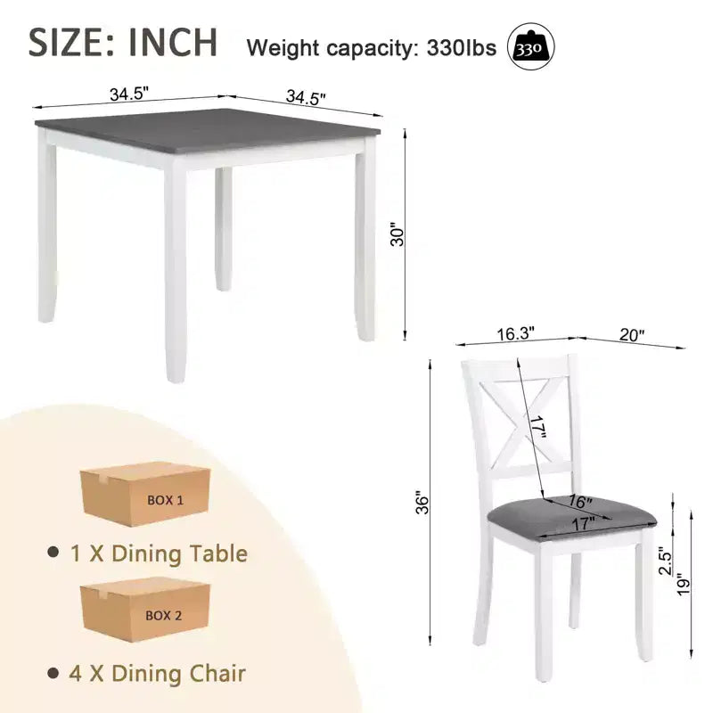 MAYEERTY 5-Piece Modern Dining Set, Wood Table with 4 Chairs, Grey & White Two Tone