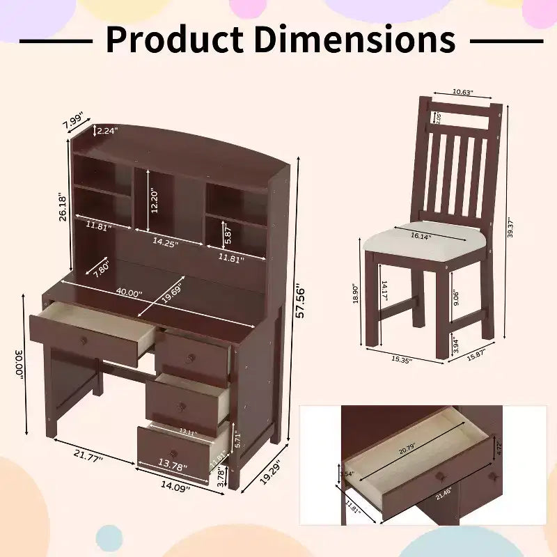 Okak Modern Home Office Wooden Computer Desk with Desktop/Chair & Bookshelf,Teens Student Storage Writing Desk for Study,Office
