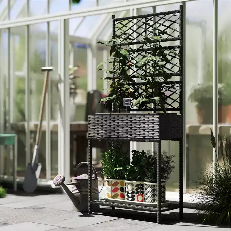 Outdoor Wicker Planter with Trellis for Climbing Plants, Freestanding Rattan Garden Box with Storage Shelf
