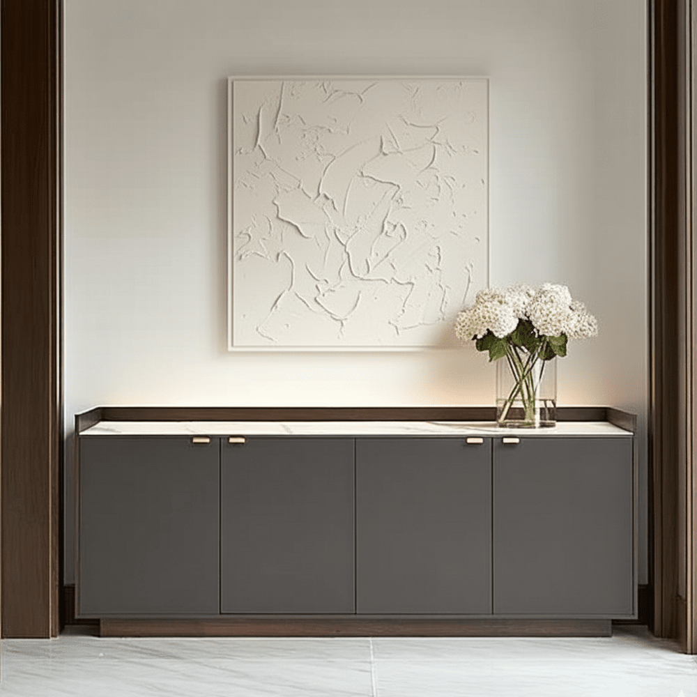 Dark Grey Oak 4 Door Sideboard with Marble Top