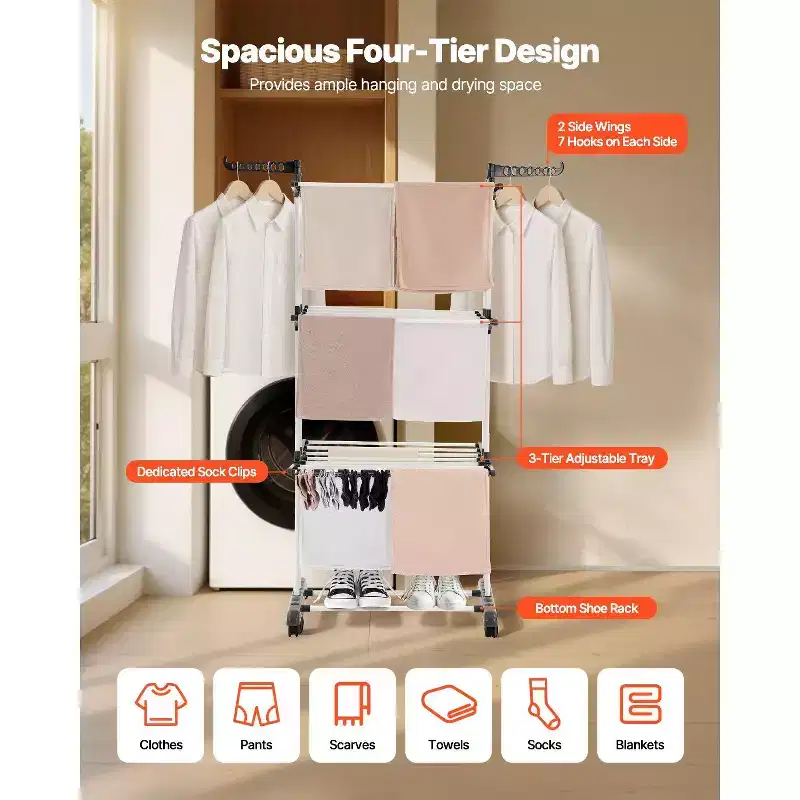 4-Tier Foldable Clothes Drying Rack with Wheels and Side Wings, 77 lbs Capacity
