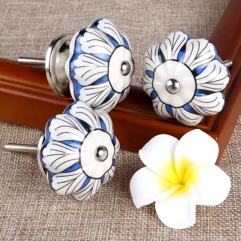 Unique Bargains Hand Painted Ceramic Door Wardrobe Cabinet Knobs 1.6 Inch Blue 1 Pc