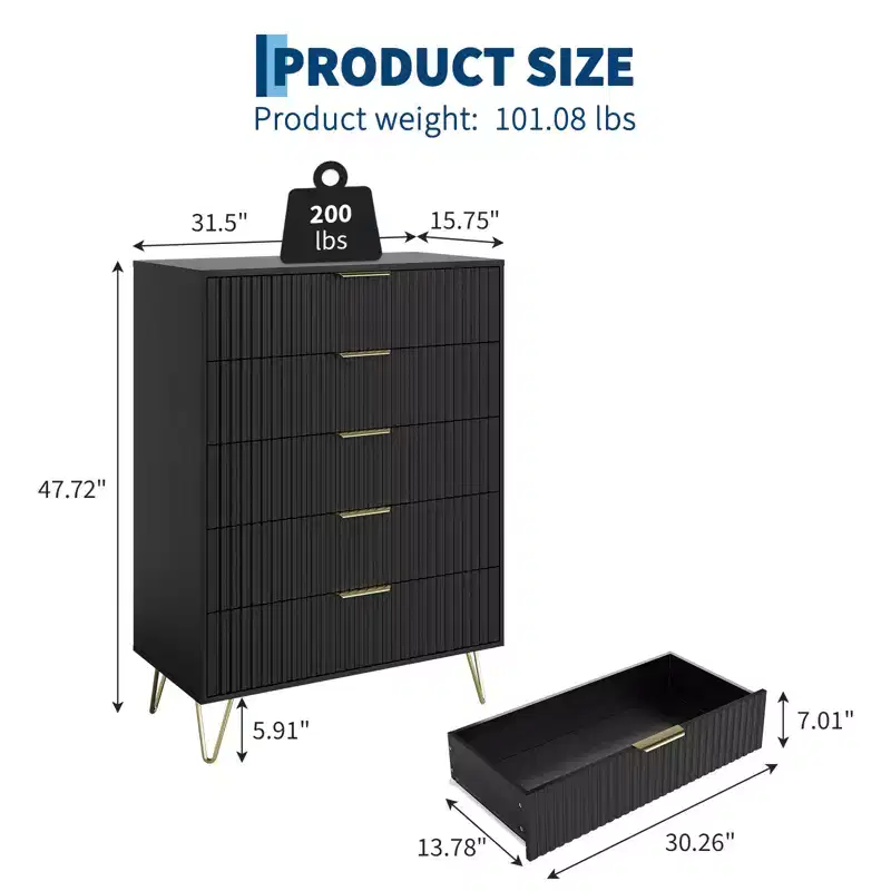 5 Drawer Dresser for Bedroom, 31.5W Wooden Chest of Drawers, Fluted Clothes Storage Organizer, Dresser Narrow Nightstand for Living Room