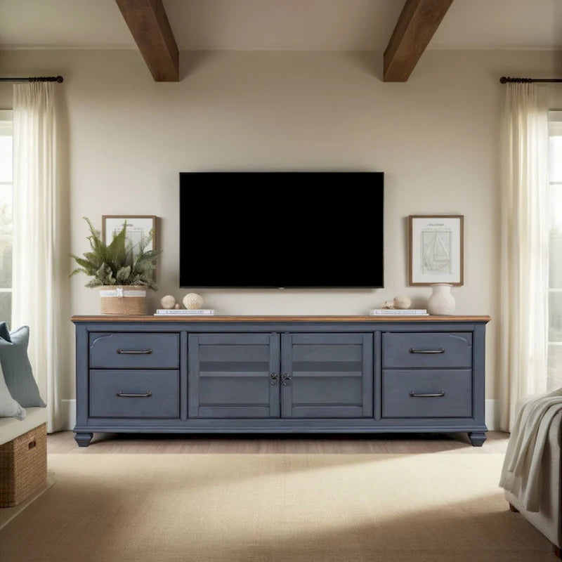 84-Inch TV Stand &ndash; Corduroy Blue, Coastal Traditional Style, Fits TVs up to 90 Inches
