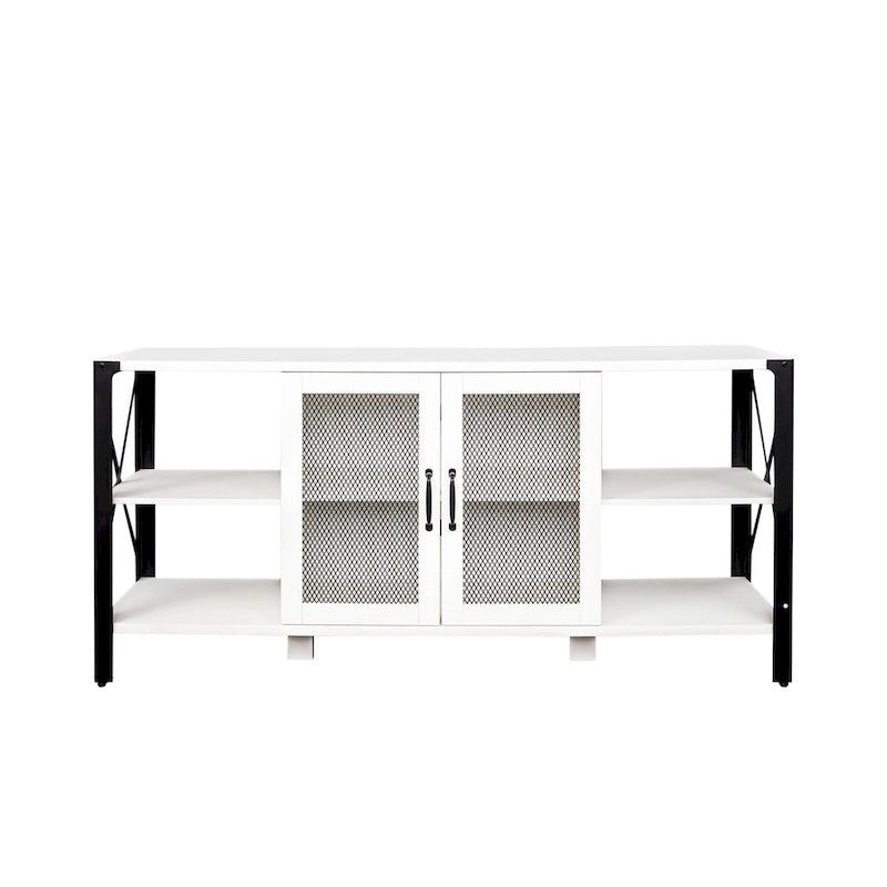 80-Inch Industrial TV Stand – Espresso / Walnut / White, Wood & Metal, Open Shelving with Mesh Door