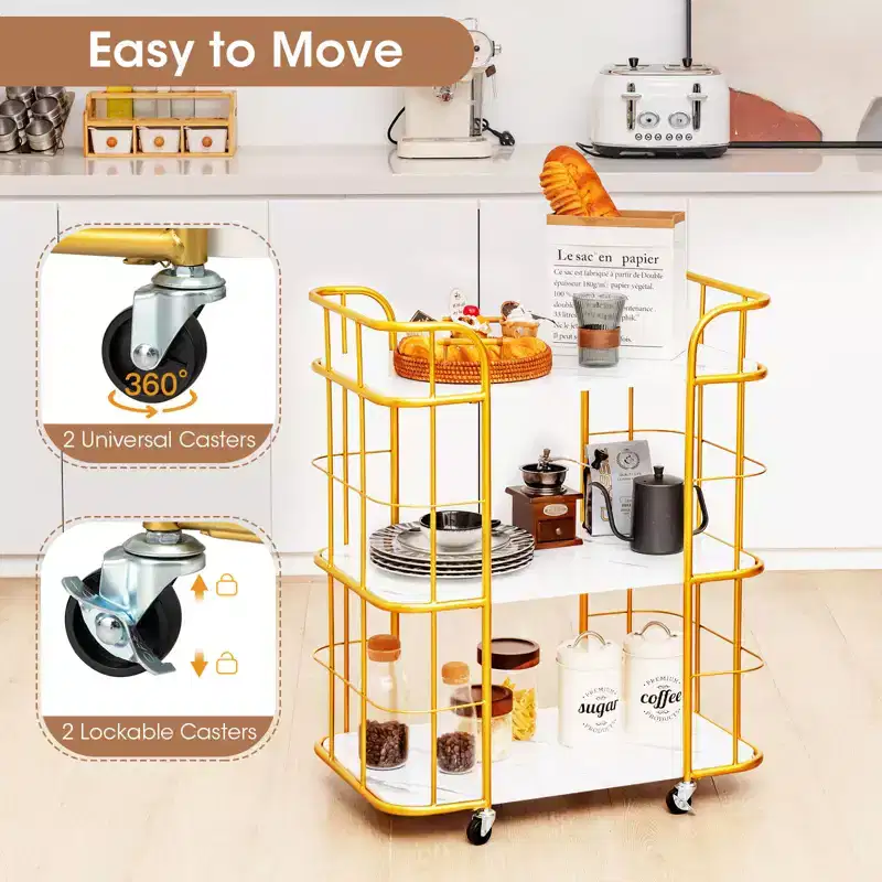 3-Tier Kitchen Storage Utility Cart Gold Rolling Bar Serving w/Lockable Casters