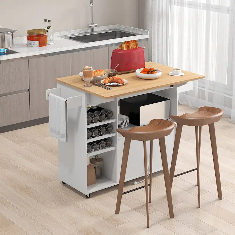 Kitchen Island Cart – White / Brown / Black, Drop-Leaf, Power Outlet, Wine Rack, Microwave Shelf, Casters