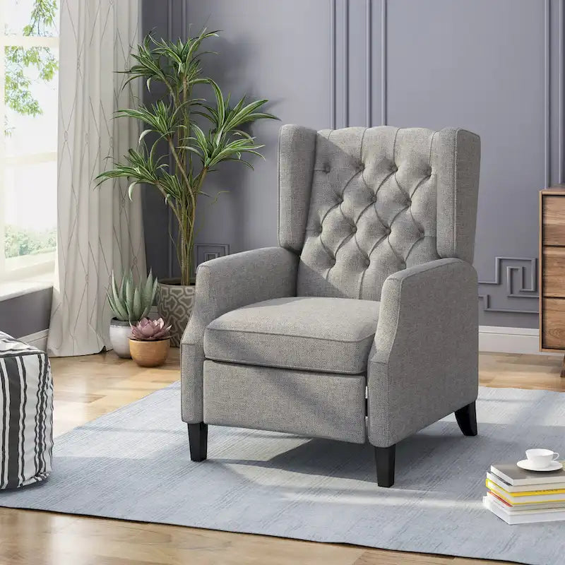 Wingback Push-Back Recliner &ndash; Grey Fabric, Mid-Century Style, Button-Tufted, Seats 1