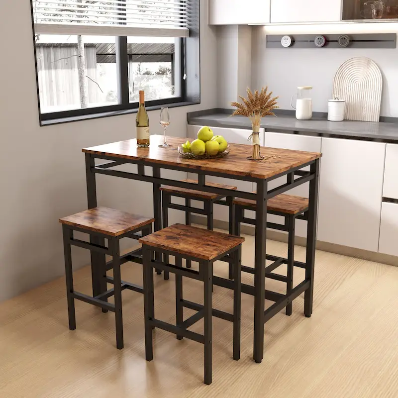 Counter Height Dining Table Set with 4 Bar Stools Metal Frame Vintage Wooden Tabletop Rectangular Dining Table, 5-Piece