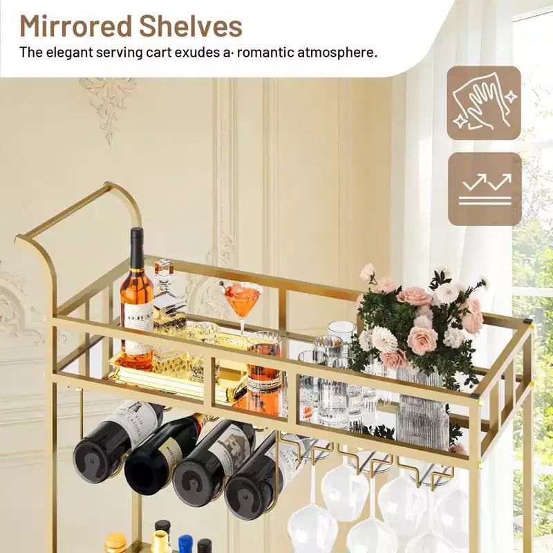 COZONY 2 Tier Bar Cart with Wine Rack and Glass Holder, Mirrored Mobile Serving Cart with Wheels for Kitchen Living Room
