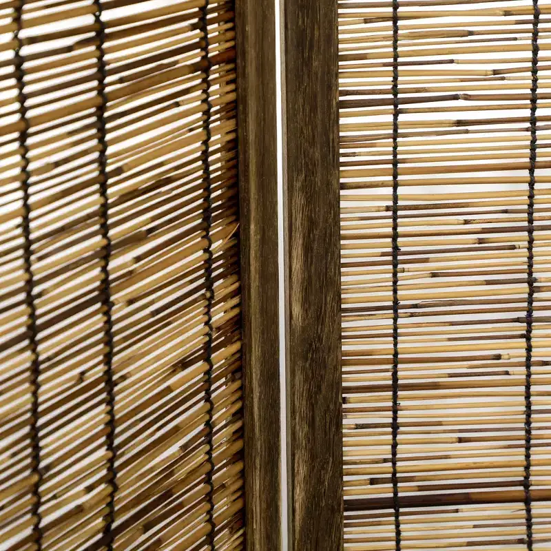 5.5' Tall Room Divider with Wood & Hand Woven Reed, 4 Panel Folding Privacy Screens, Portable Partition Wall Divider