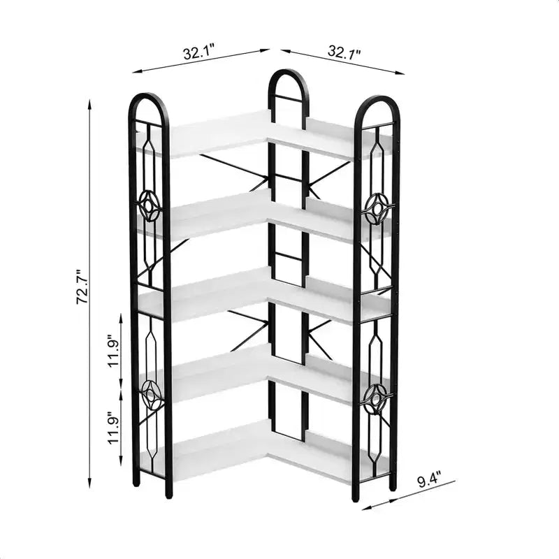 5-Tier Corner Bookshelf with Metal Frame, Space-Saving Storage Rack for Living Room or Office
