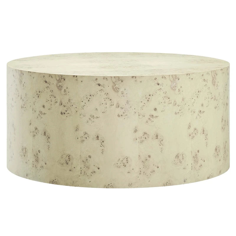 Round Burl Wood Coffee Table – Natural / Off White, Mid-Century Style
