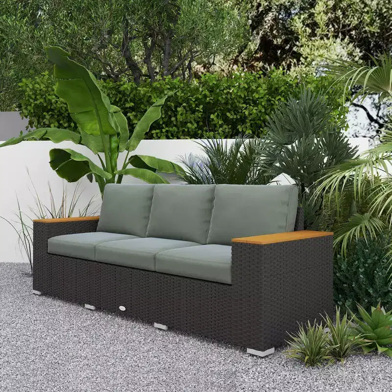 3-Seat Outdoor Patio Sofa with Cushions, PE Rattan Wicker Sofa with Wide Armrests, Outdoor Wicker Couch