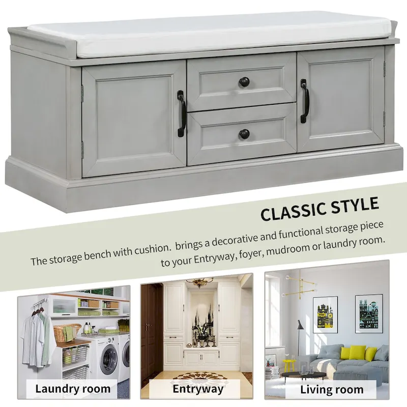 Storage Shoes Bench with 2 Drawers, 2 Cabinets and Removable Cushion