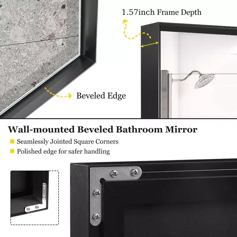 36x24inch Black Rectangular Bathroom Mirror Square Angle Metal Frame Wall Mounted Hanging Plates Wall Mount Mirror For Bathroom