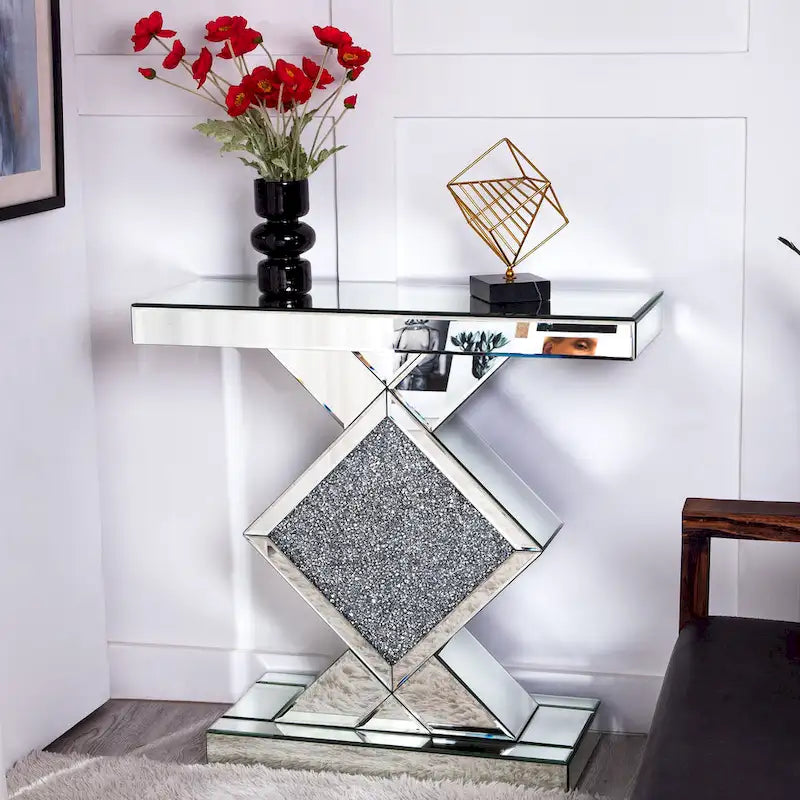 Geometric Mirrored Console Table – Silver, Glam Style, Diamond Lattice Base