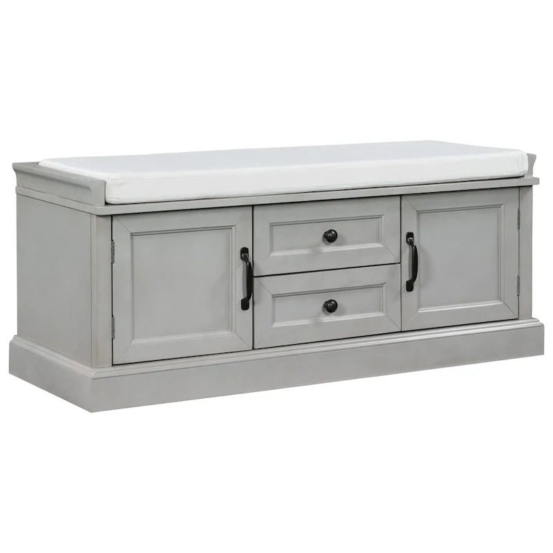 Storage Shoes Bench with 2 Drawers, 2 Cabinets and Removable Cushion