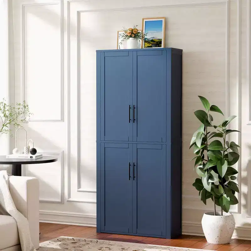 PexFix Kitchen Pantry Cabinet Freestanding Food Storage Cabinet with 4 Doors & Adjustable Shelves Floor Utility Storage Organizer