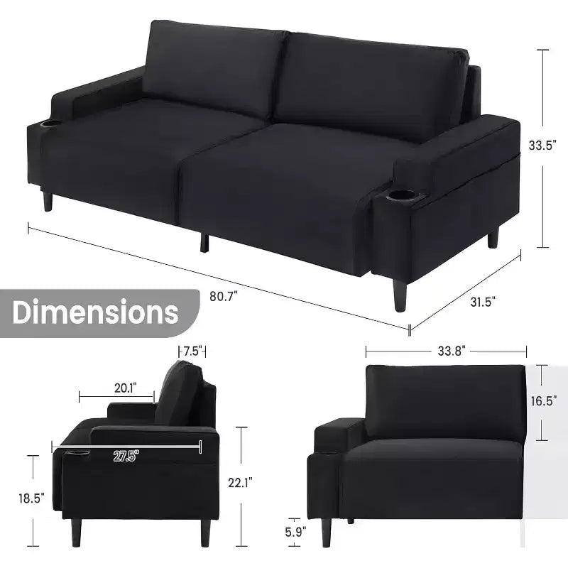 81'' Modern Loveseat Sofa, Small Couches with Cup Holder & Storage Bag, 3-Seater Deep Seating with Soft Cushions & Sturdy Frame for Home Office