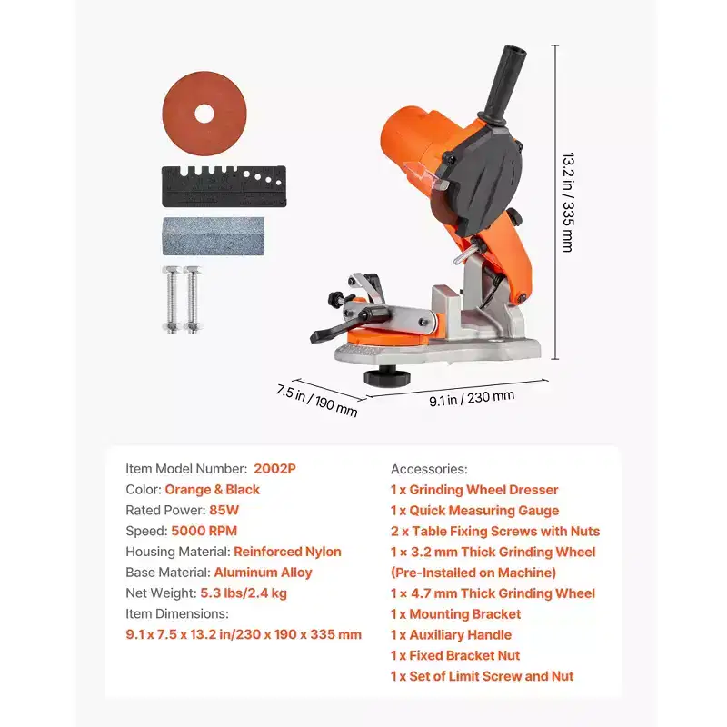 VEVOR Electric Chainsaw Sharpener, 85W Bench Saw Chain Sharpener 5000RPM, Chainsaw Sharpening Tool with 2 Grinding Wheels & LED Light, Orange&Black