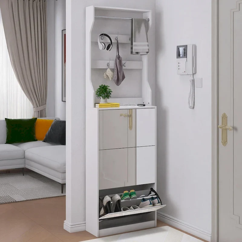 White Flip-Down Shoe Cabinet with Mirror Hooks Hanger Rod Tabletop Entryway Storage