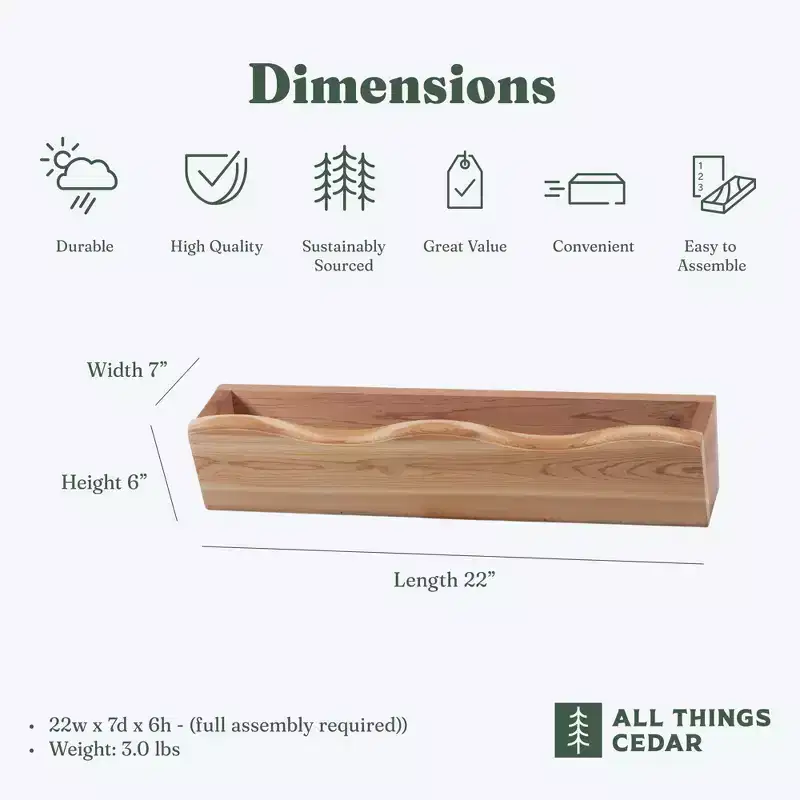 All Things Cedar 22 Inch Outdoor Window Planter, Handcrafted Wood Wall Mount Box for Garden Plants, Herbs, and Flowers, Natural Finish