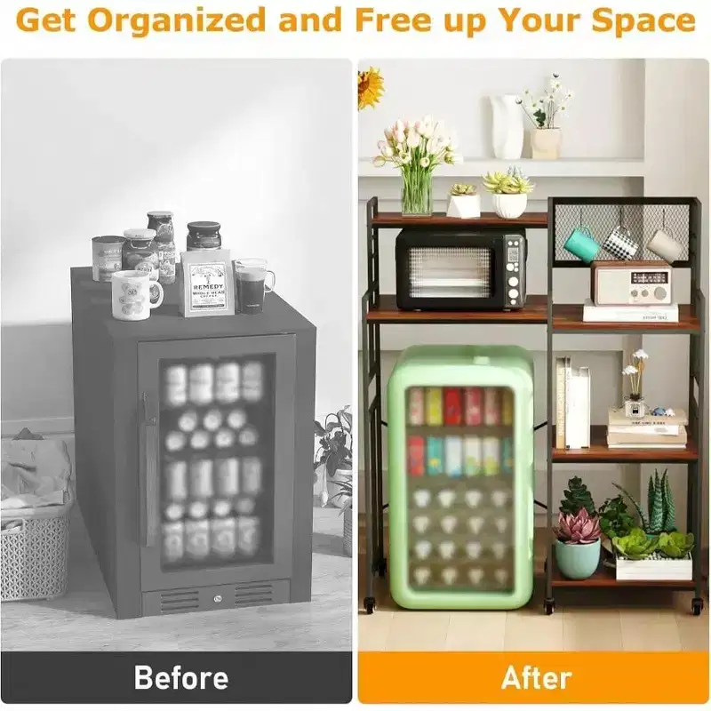 Fridge Shelf with Wheels 5 Tier Kitchen Bakers Rack Adjustable Microwave Oven Stand Table with Storage Fridge Stand
