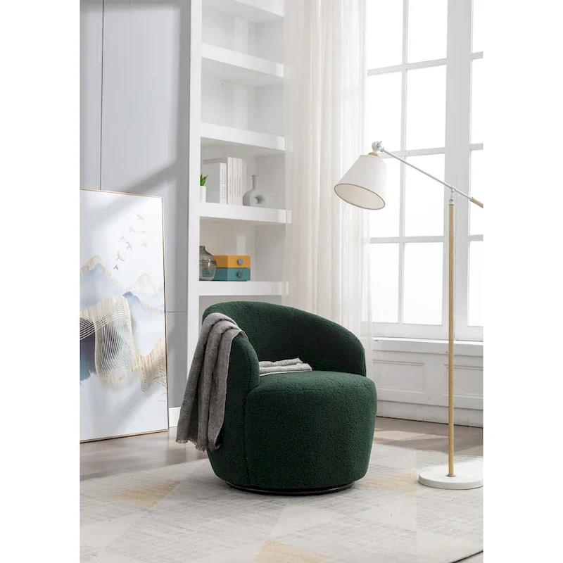 Green Chenille Swivel Barrel Chair with Metal Ring Base