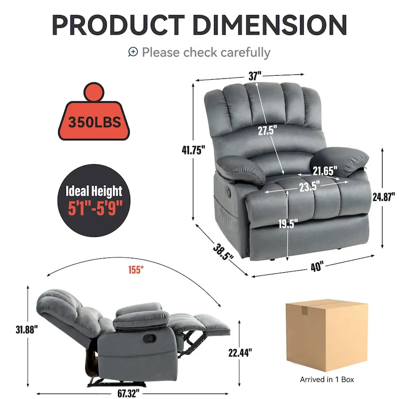 Extra-Large Manual Recliner Chair with Fabric Upholstery
