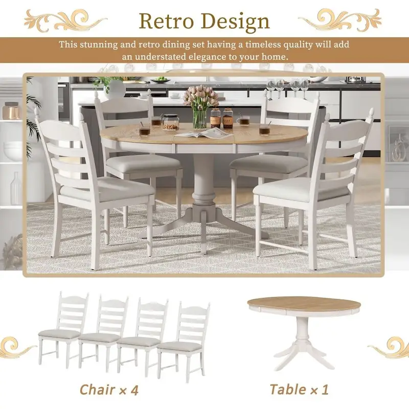 5-Piece Retro Functional Dining Table Set Wood Round Extendable Dining Table and 4 Upholstered Dining Chairs