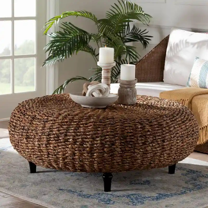 Round Handwoven Seagrass Coffee Table &ndash; Natural Brown, Bohemian Style, Turned Wood Legs