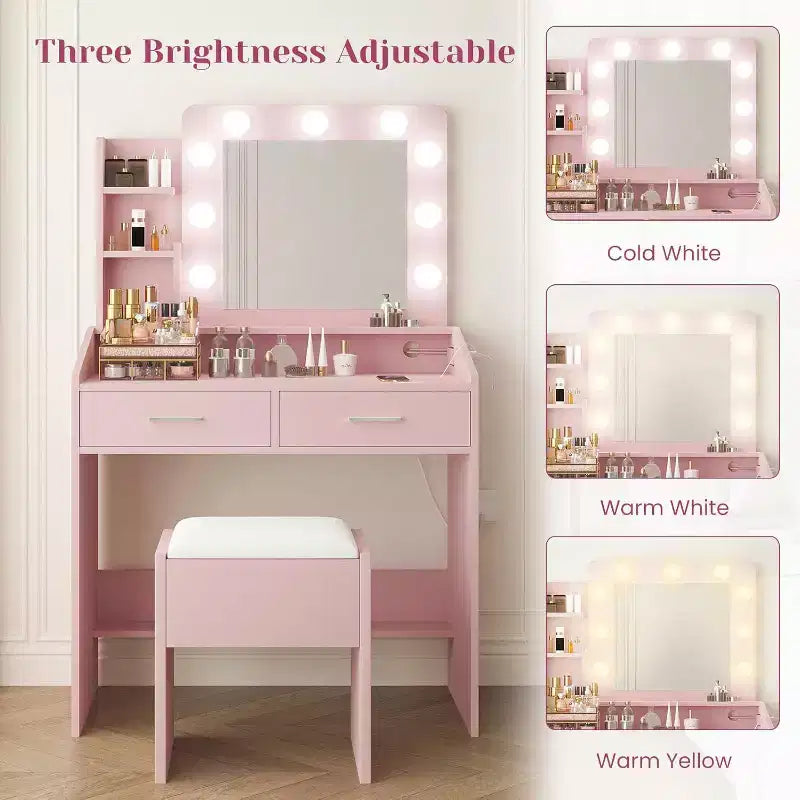 Vanity Desk with Mirror, Makeup Vanity with Cushioned Stool, 3 Lighting Modes Adjustable Brightness
