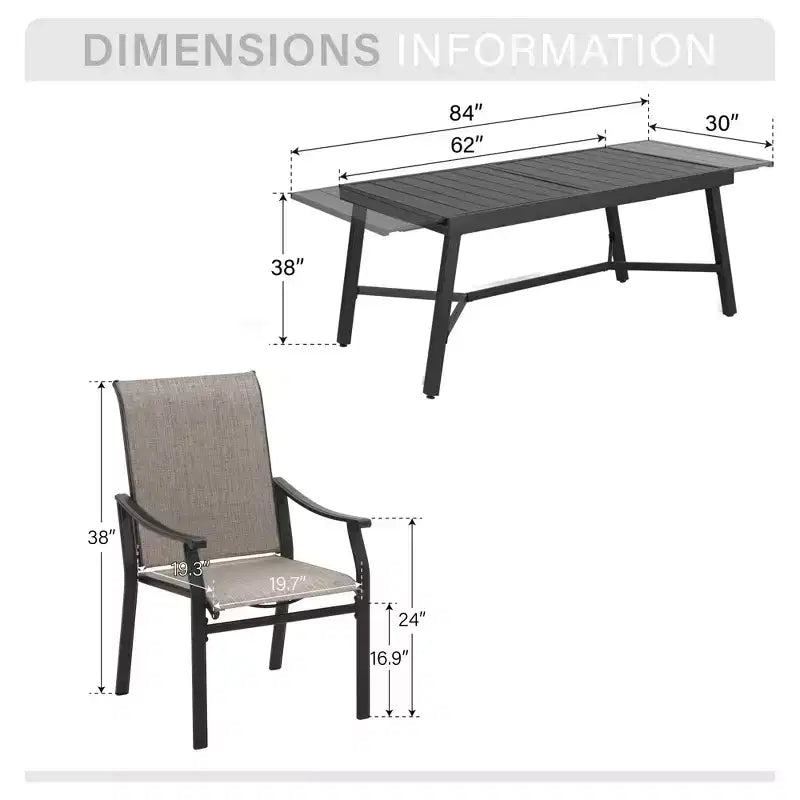 Captiva Designs 9pc Patio Dining Black Steel Rectangle Table & Brown Textilene Fixed Chairs