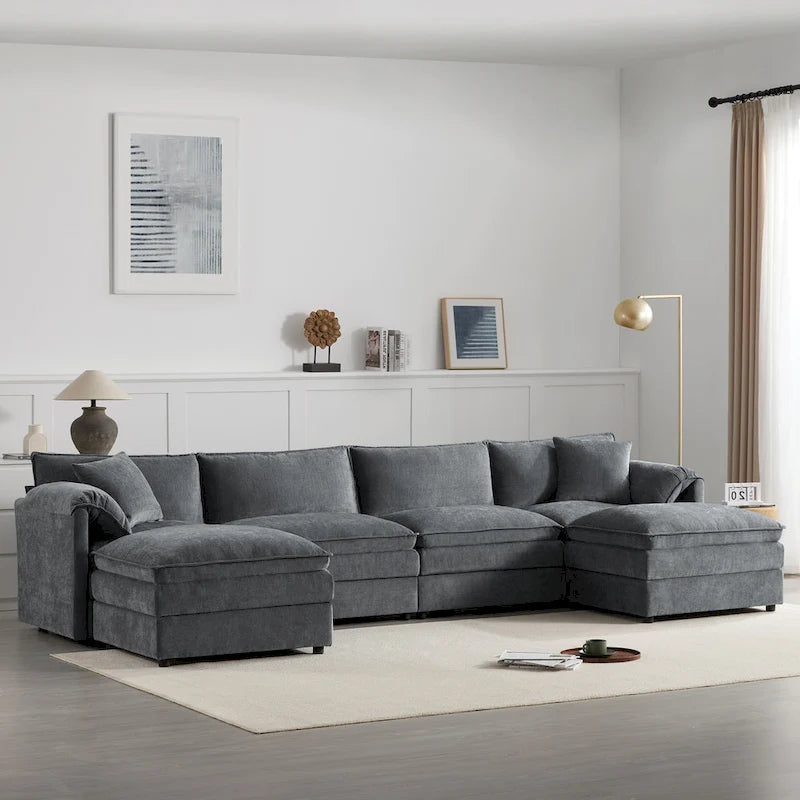 136  U-Shaped Chenille Cloud Sectional Sofa with Dual Ottomans