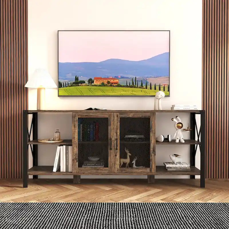 80-Inch Industrial TV Stand – Espresso / Walnut / White, Wood & Metal, Open Shelving with Mesh Door