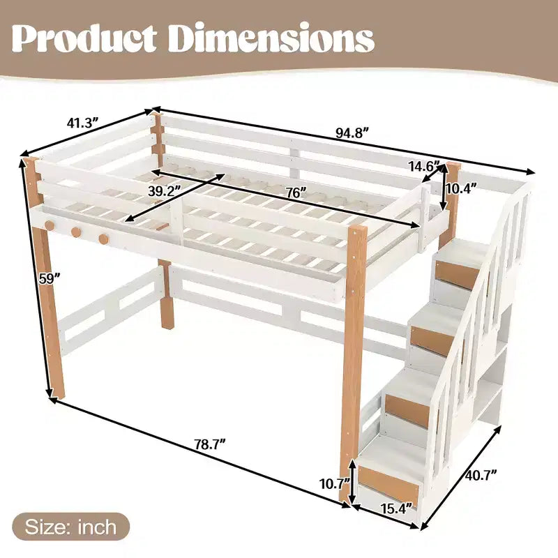 Modern Loft Bed with Storage Shelves, Clothes Hook and Underbed Space