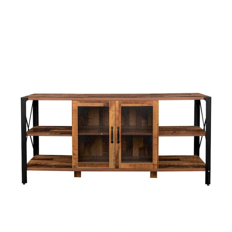 80-Inch Industrial TV Stand – Espresso / Walnut / White, Wood & Metal, Open Shelving with Mesh Door