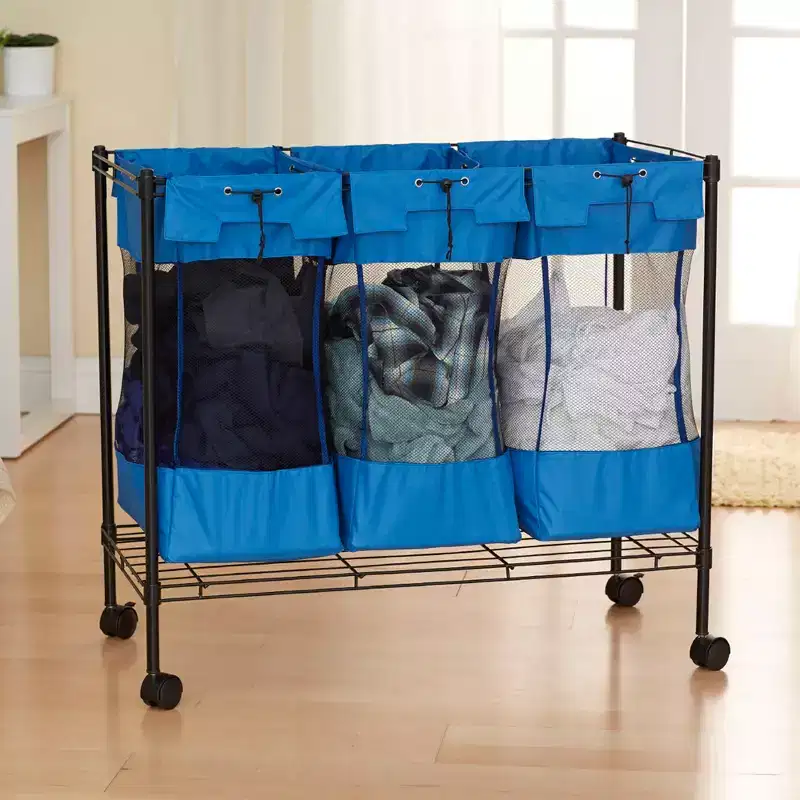 Laundry Sorter with Wheels, Triple Removable Mesh Bags, Blue and Black