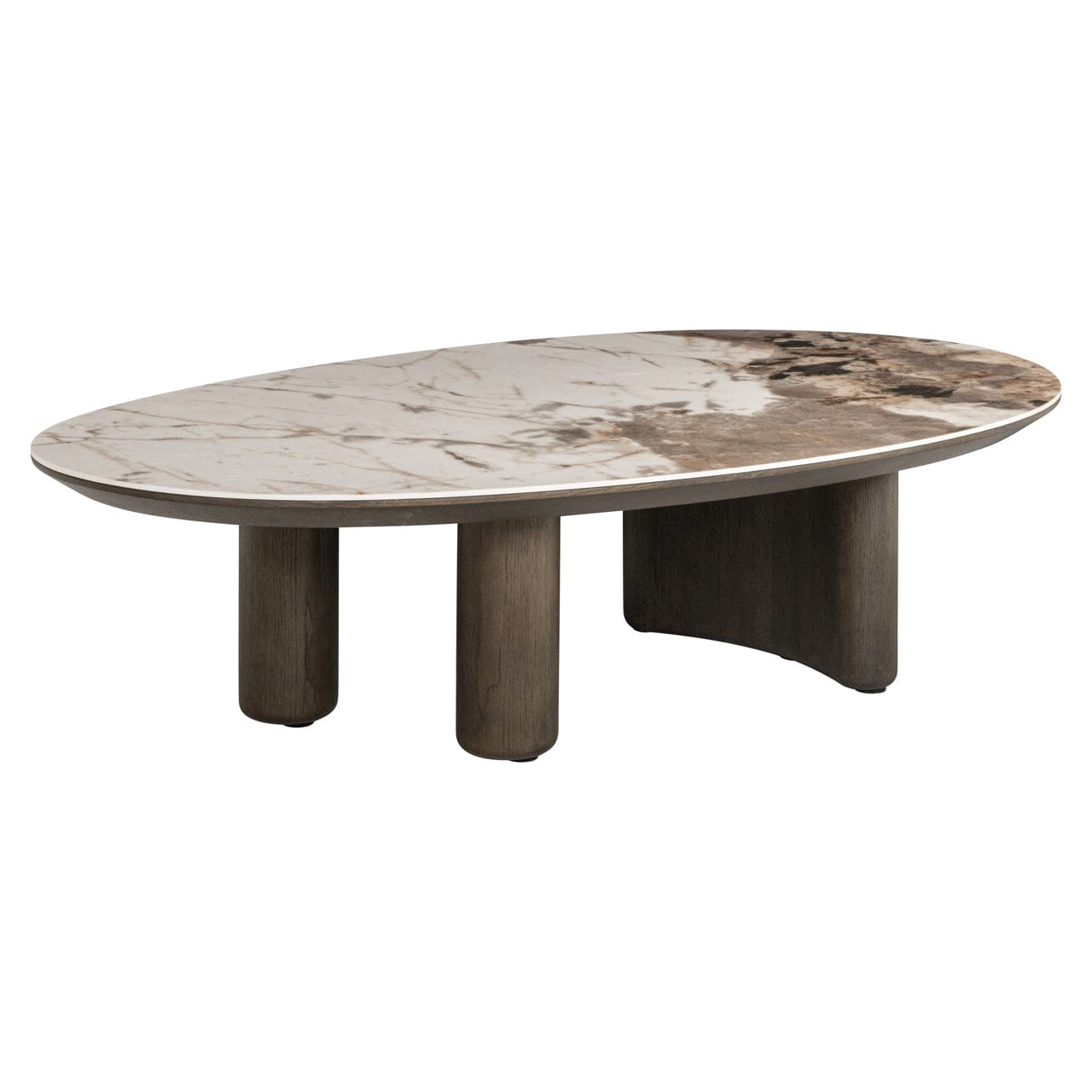Brown Oak Veneer Oval Coffee Table with Faux Marble Top