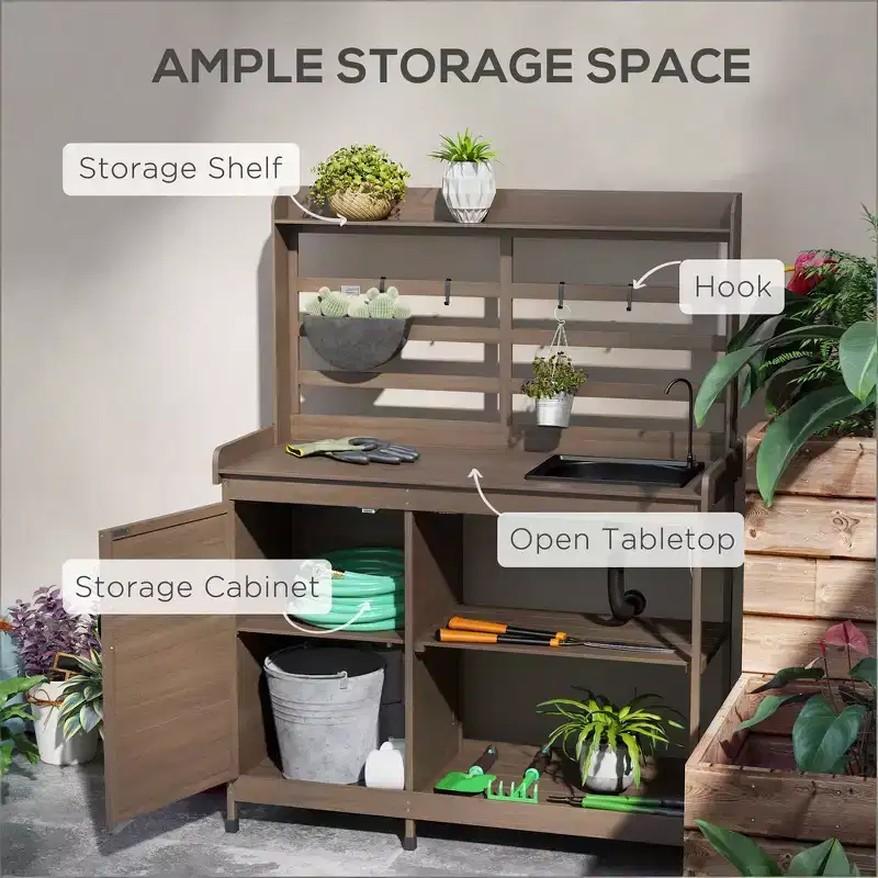Whisen Patio Wooden Potting Bench, Outdoor Garden Work Station Table with Storage Cabinet, Open Shelf and Removable Sink