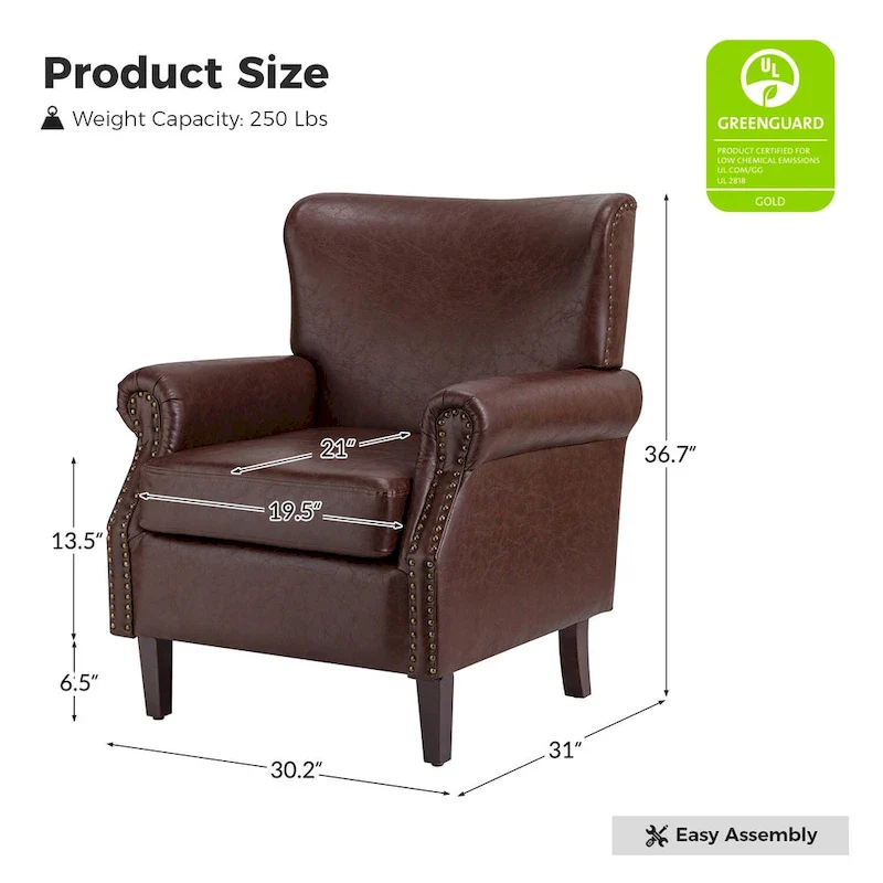 Transitional Leather Armchair with Nailhead Trim Rolled Arms